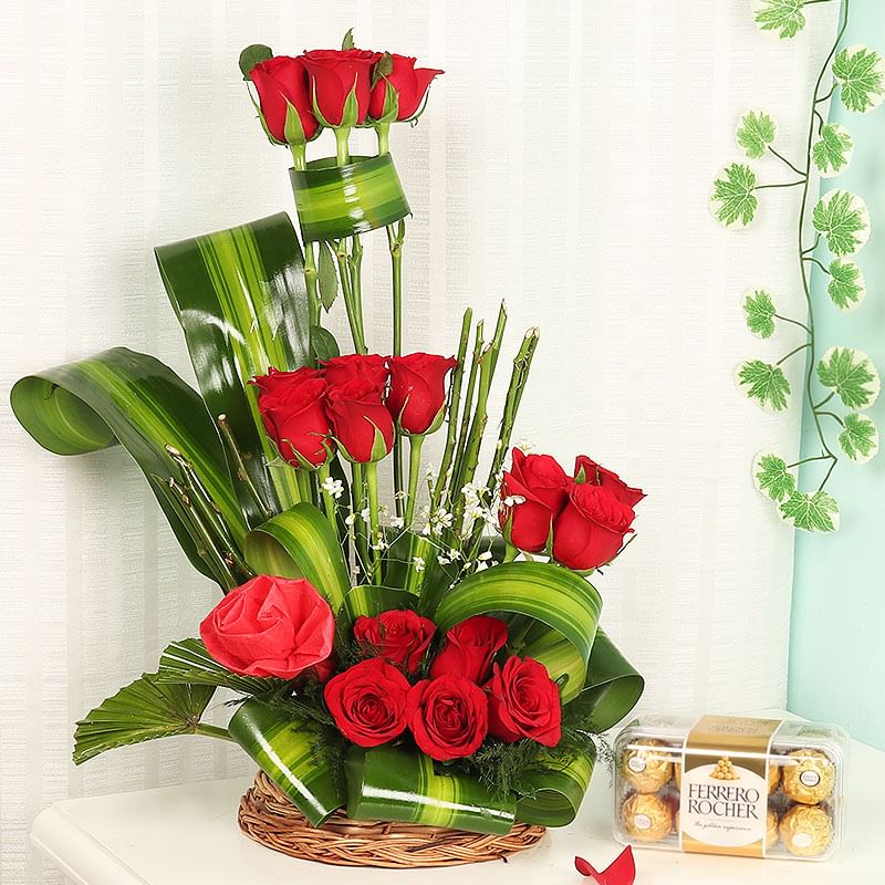 Rose Bouquet in a Basket with Chocolates Combo