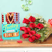 Red Roses Bunch and Greeting Card Love Combo for Valentines Day