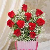 Bunch of 10 Red Roses in a Flower Box for Mom