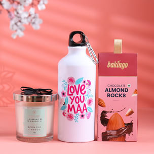 Love You Maa Bottle With Candle N Choco Rocks