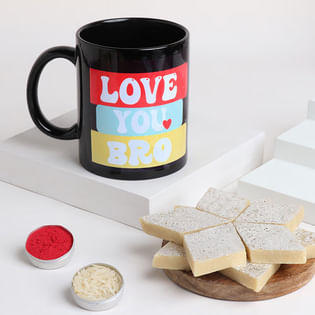 Love You Printed Mug N Kaju Katli  - Bhai Dooj Gifts For Brother