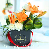 White Carnations and Orange Lilies in a Black Premium Box