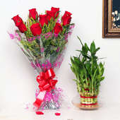 Luck N Love Fusion - Good Luck Indoors in Potpourri Vase with Bunch of 10 Red Roses
