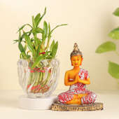 Lucky Bamboo In Glass Vase N Buddha Figurine