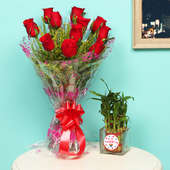 2 Layer Lucky Bamboo With Valentine Day Special Rose Bouquet
