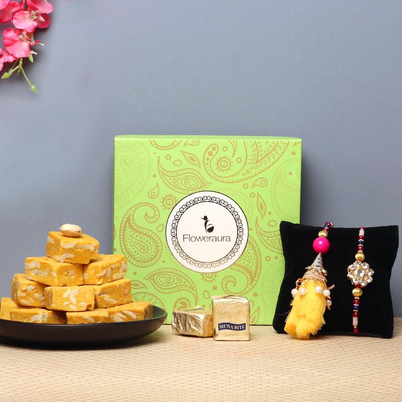 Lumba Rakhi Sweet Box - Set of Bhaiya Bhabhi Rakhi 250gm Mixed Mewa Bite in Floweraura Box