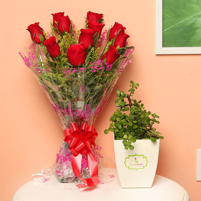 Luscious Joy - Succulent and Cactus Plants Outdoors in Floweraura Chatura Vase with Bunch of 10 Red Roses