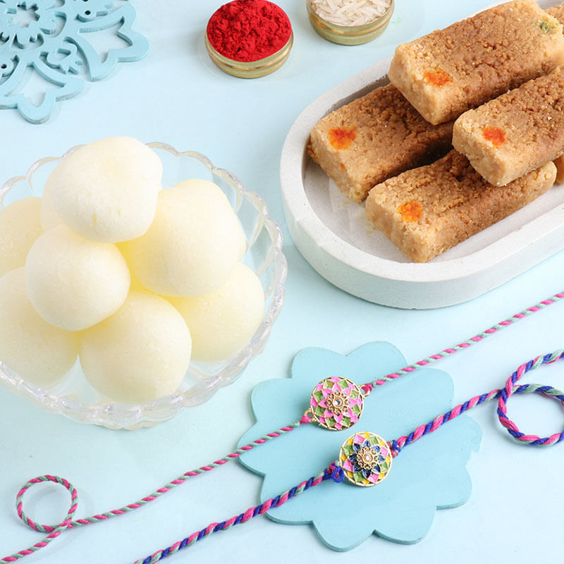 Mandala Flower Rakhi Duo With Sweets
