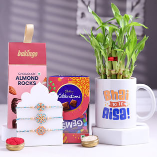 Mandala Rakhi Trio With Bamboo Plant N Chocolates