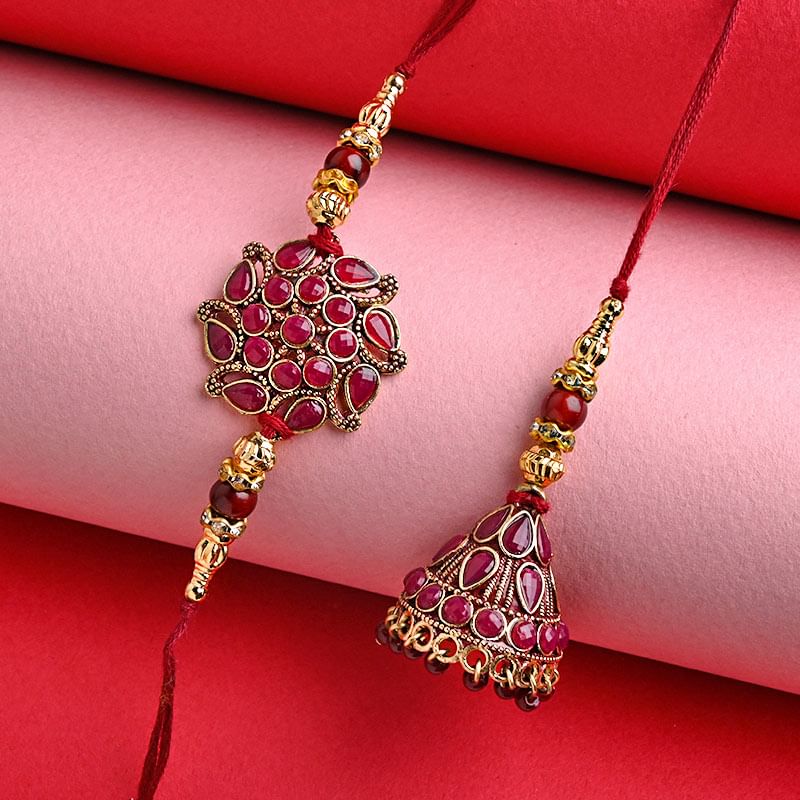 Buy Lumba Rakhi for Bhaiya Bhabhi Online - Maroon Traditional Rakhi Duo