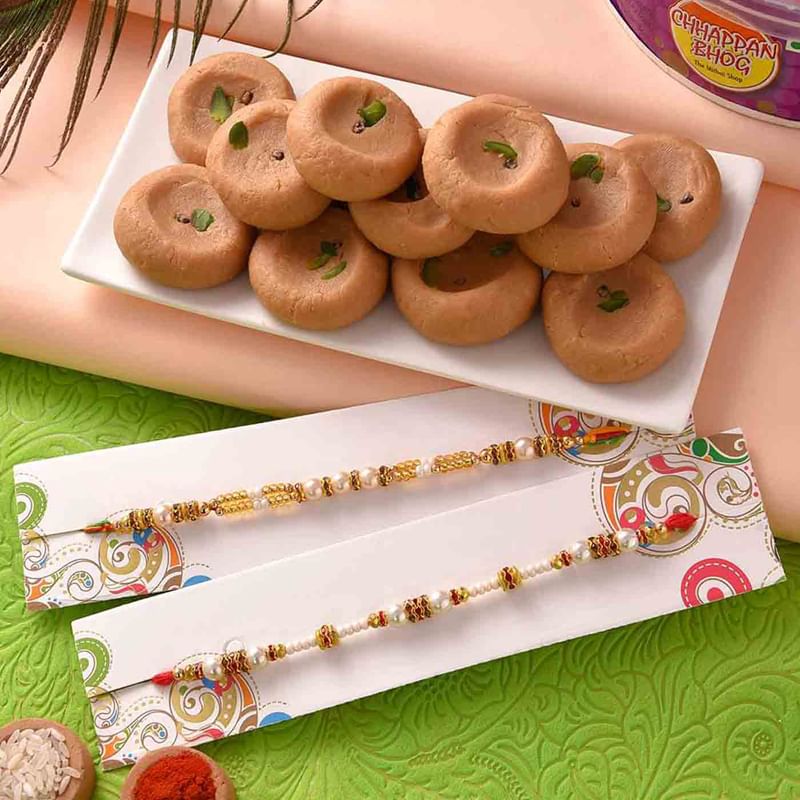 Mathura Peda With Two Pearl Rakhis