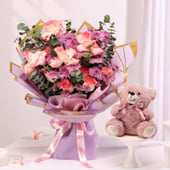 Mauve Garden Bouquet With Teddy Bear