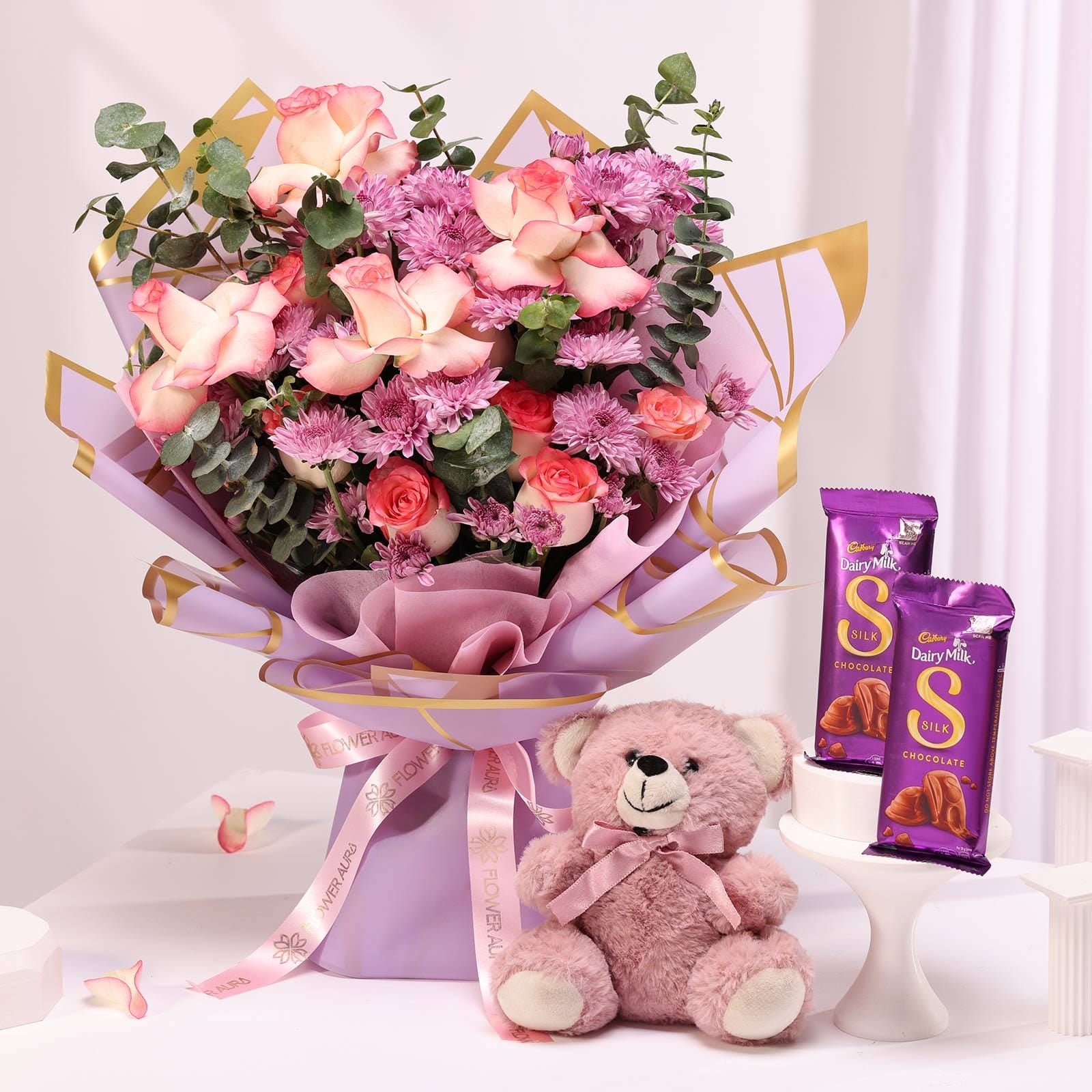 Mauve Garden Bouquet With Teddy N Choco Bars