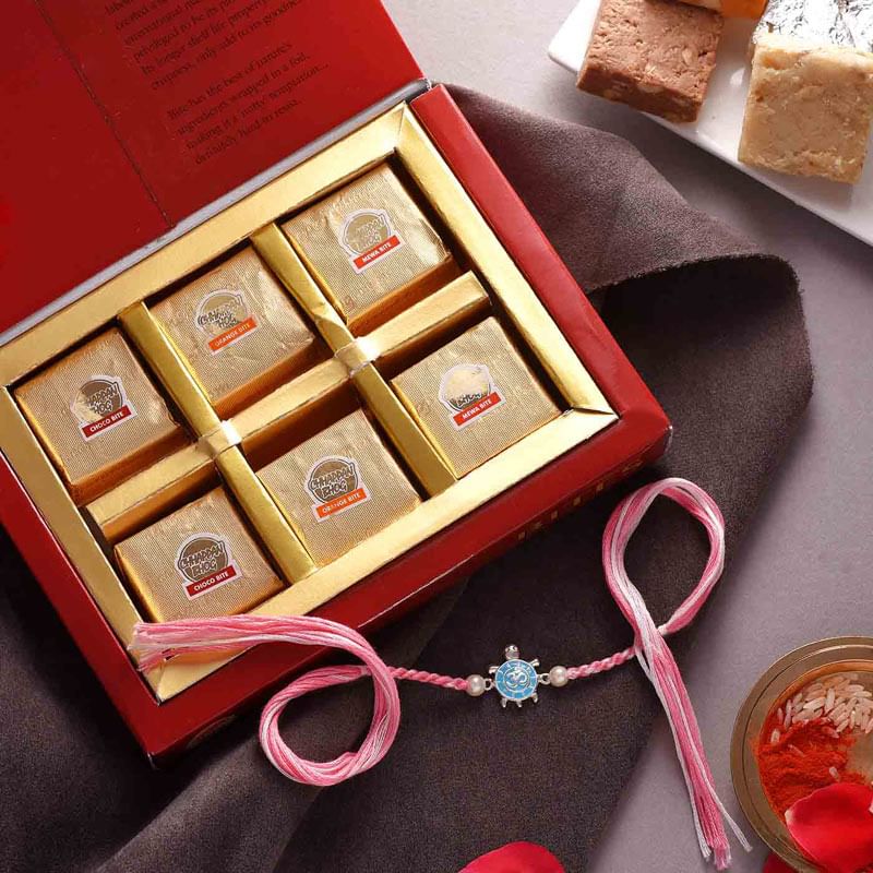 Mawa Bites With Lucky Silver Turtle Rakhi - A Silver Rakhi Combo Set