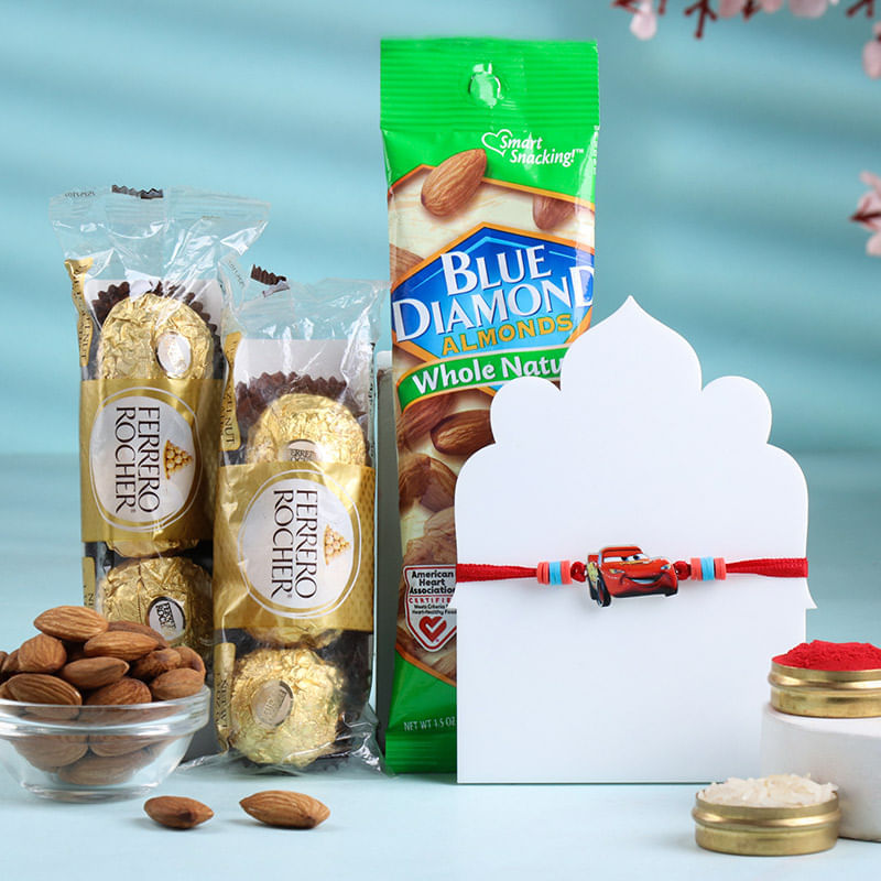 Mcqueen Car Rakhi With Almonds N Ferrero