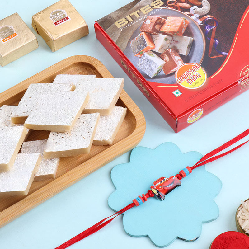 Mcqueen Car Rakhi With Kaju Katli N Mewa Bites