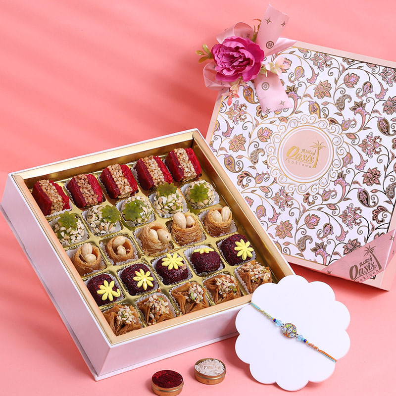 Meenakari Evil Eye Rakhi N Assorted Sweets Hamper