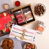 Send Set of 3 With Dry Fruits For Brother Online - Meenakari Floral Rakhi Hamper Featuring Choco Cookies Milk Hazelnut Mix Fruits