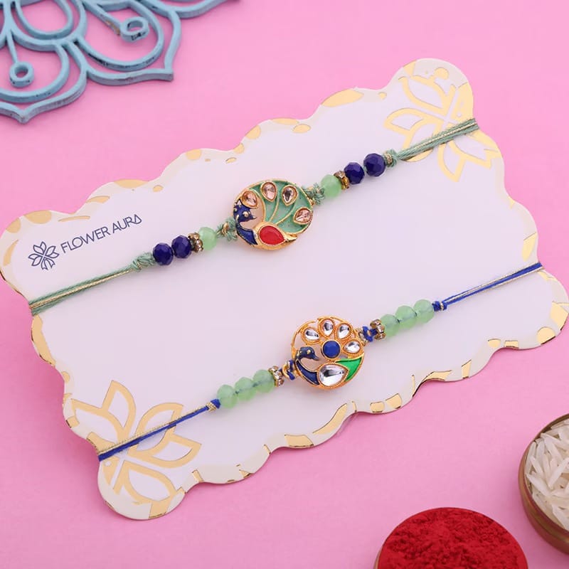 Handcrafted 2 Rakhi Set with Elegant Peacock Artwork
