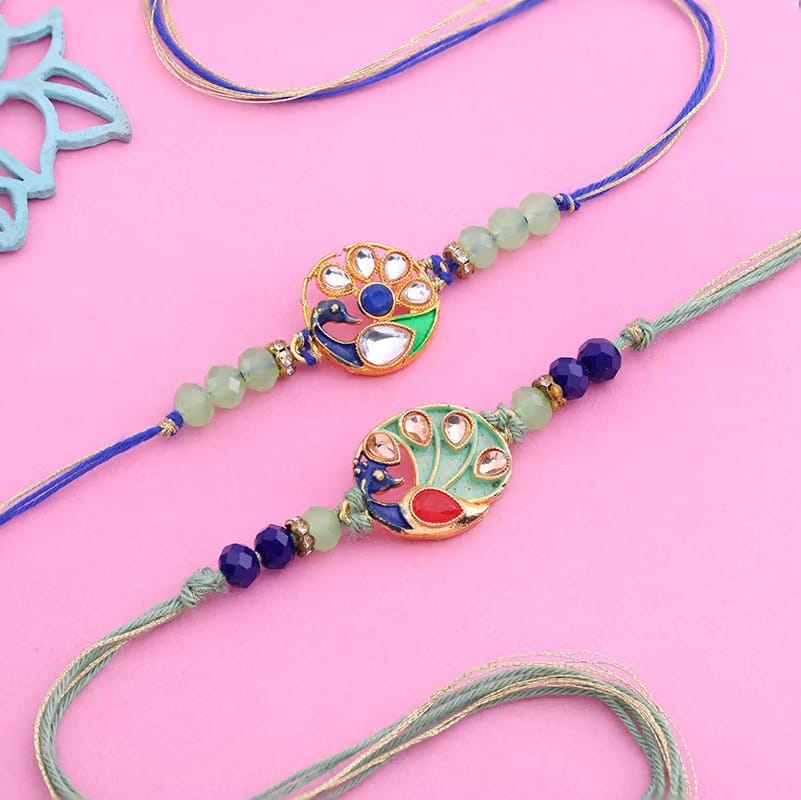 Traditional Set of 2 Rakhi Featuring Peacock Meenakari Design