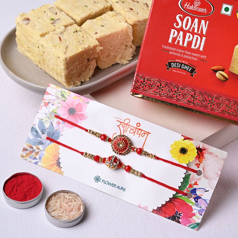 Meenakari Rakhi Duo With Haldirams Soan Papdi