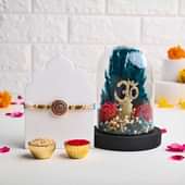 Meenakari Rakhi With Om In Preserved Flowers Dome