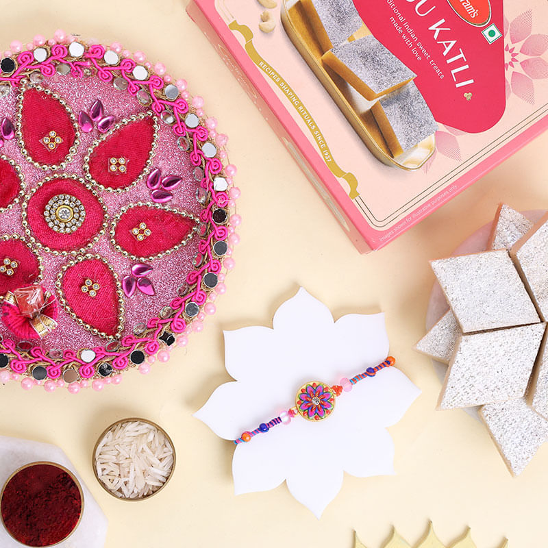Meenakari Rakhi With Pooja Thali N Kaju Katli