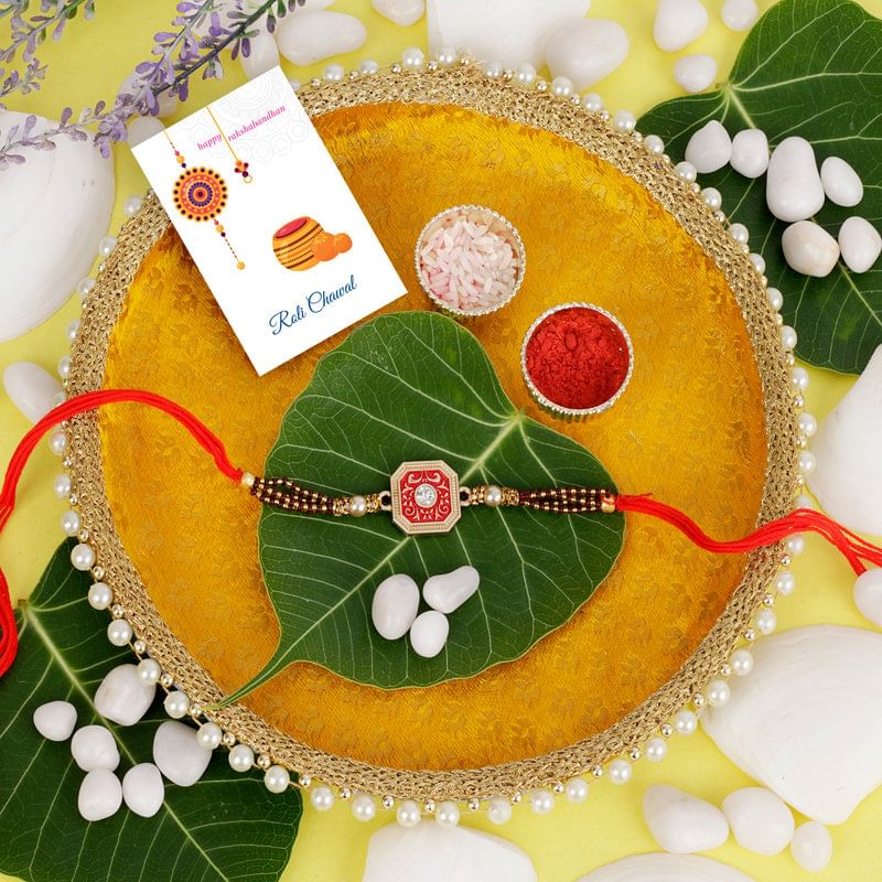 Meenakari Rakhi With Yellow Puja Thali Combo-UK