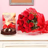 Roses with Cake and Greeting Card Anniversary Combo