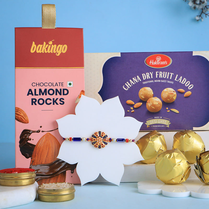 Menakari Rakhi With Nuts N Chana Ladoos