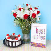 Mesmerizing Charm - A Diwali gift combo of mixed flowers&#44; black forest Cake and a greeting card