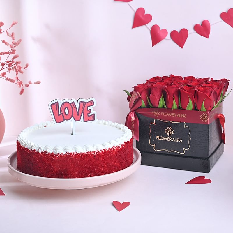 Mesmerizing Roses N Red Velvet Cake Valentine Combo