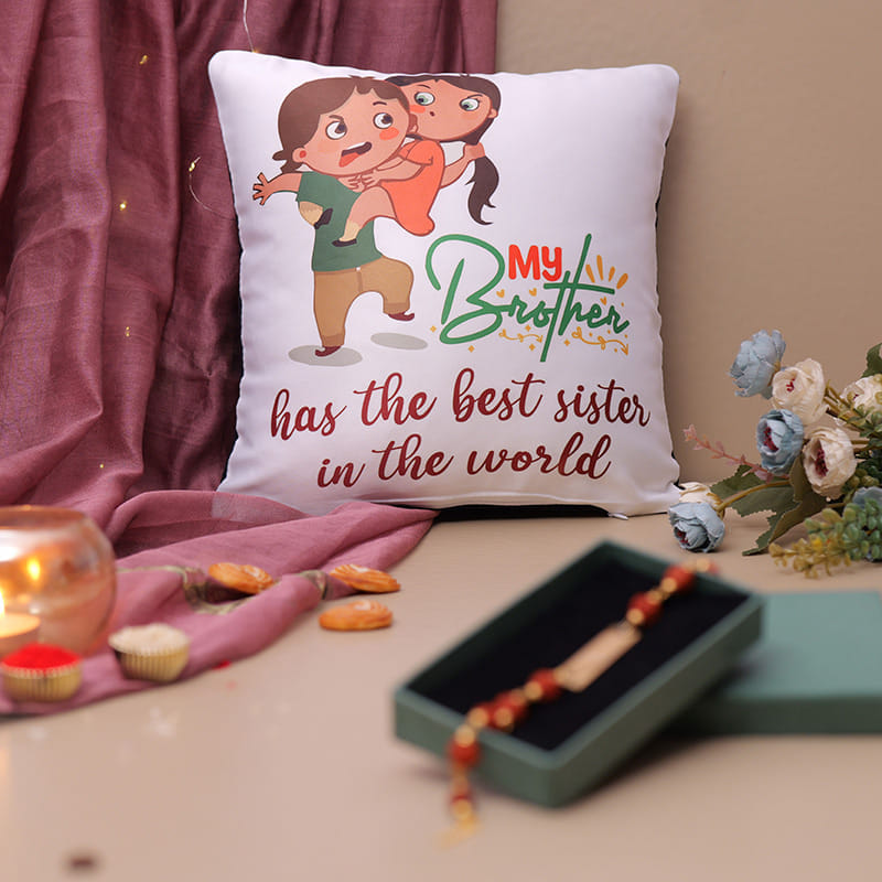 Metal Rudraksha Rakhi With You Are My Bro Pillow