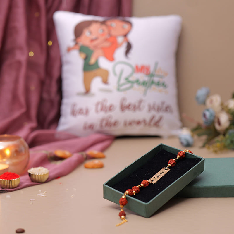 Metal Rudraksha Rakhi With You Are My Bro Pillow