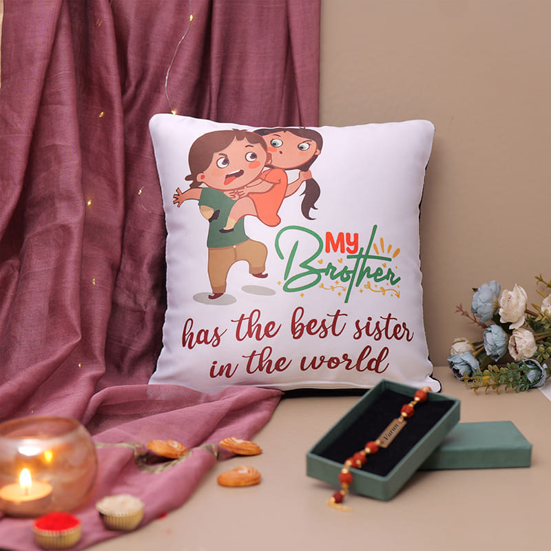 Metal Rudraksha Rakhi With You Are My Bro Pillow