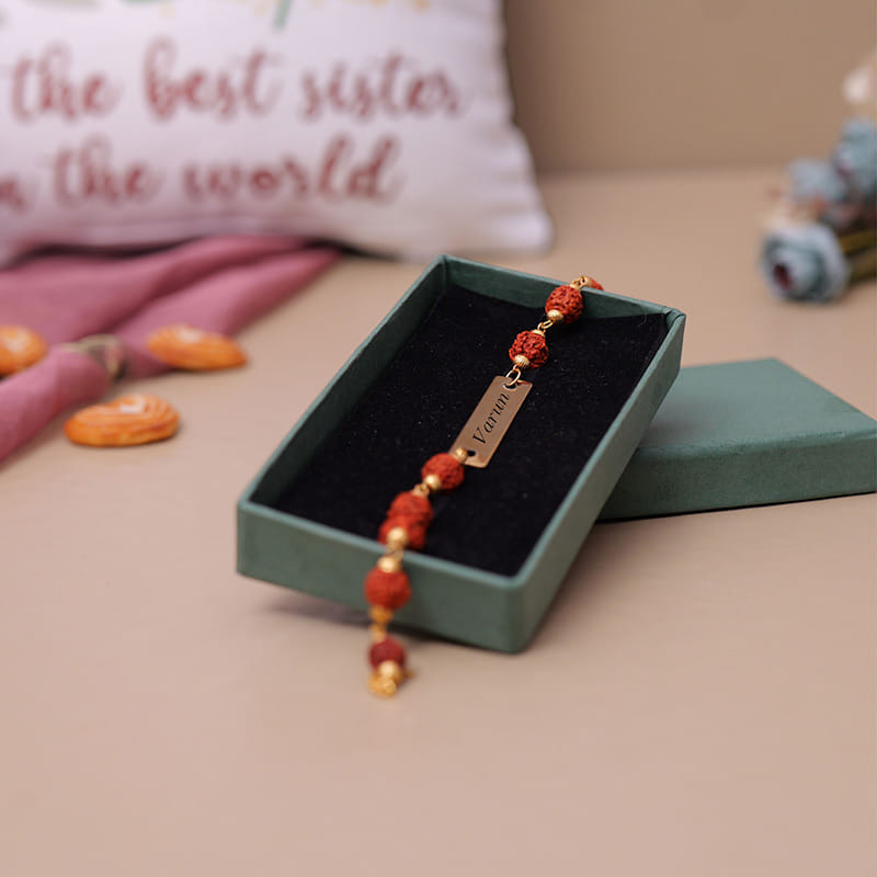 Metal Rudraksha Rakhi With You Are My Bro Pillow