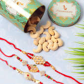 Metallic Rakhi N Cashew Combo - Set of 3 Designer Rakhi with Complimentary Roli and Chawal and 100gm Cashews in Green Floweraura Container
