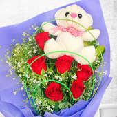 Teddy Red Rose Combo:Bunch of 6 Red Roses with 6 inches White teddy