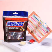 Miniature Snickers With Fancy Rakhis- Set of 5 Designer Rakhi with Snickers Chocolate Bars to UK