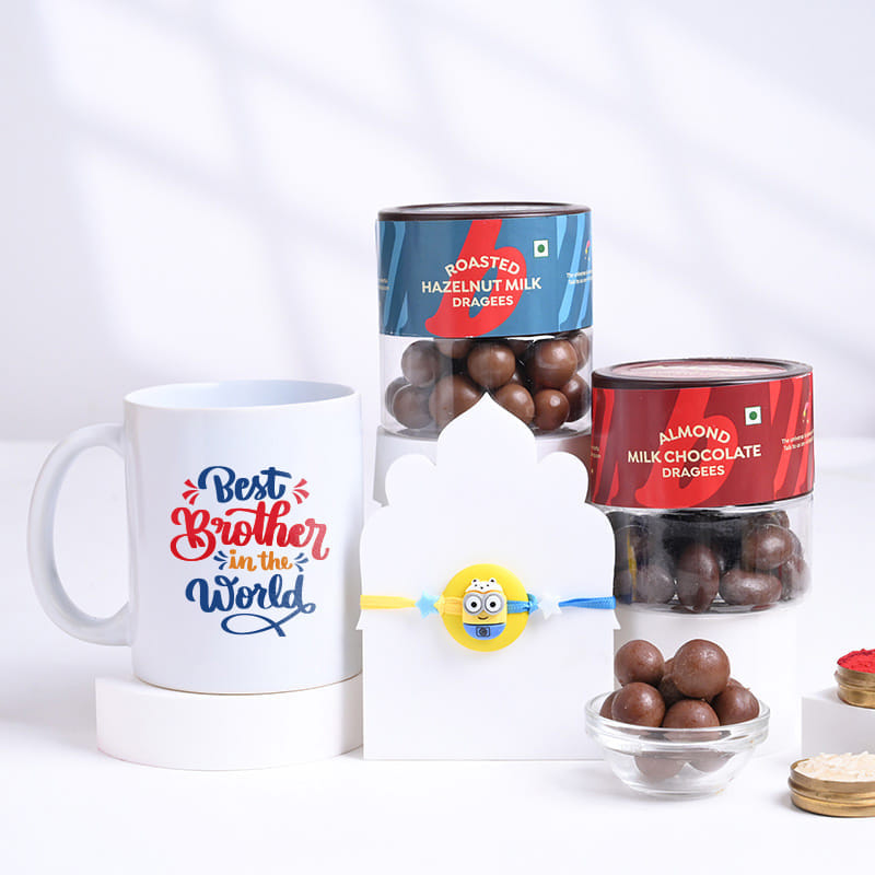 Minion Kids Rakhi With Nutty Choco Dragees N Mug