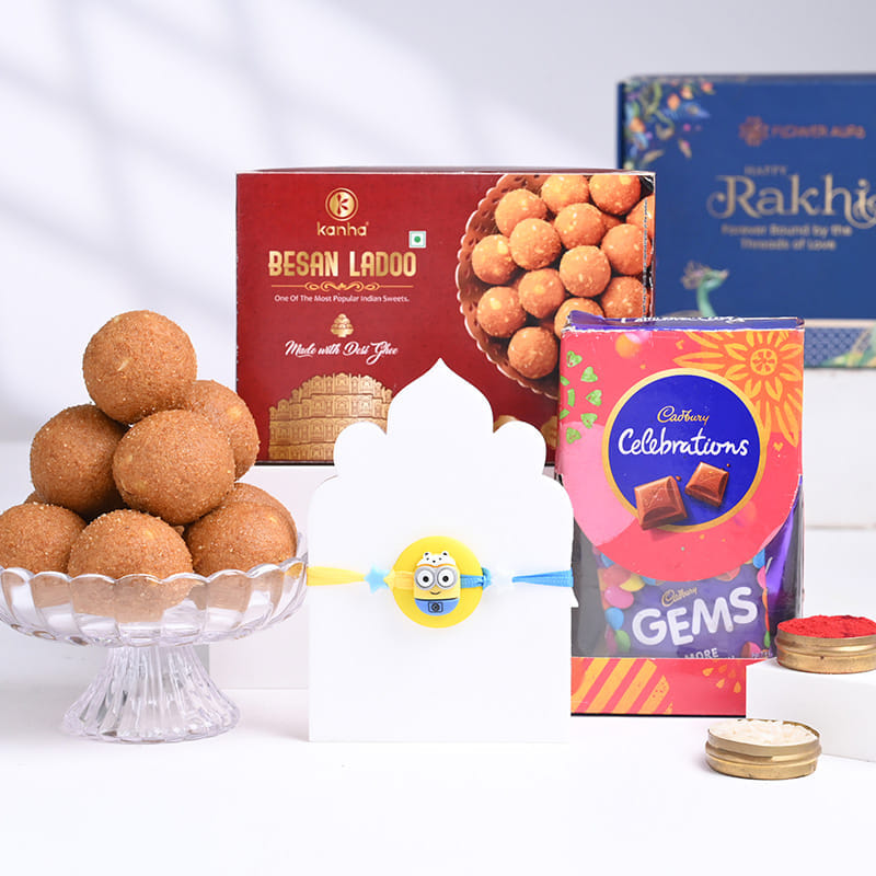 Minion Rakhi With Chocolates N Besan Ladoos