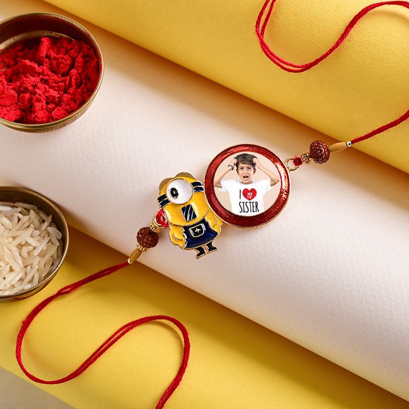 Minion Rudraksha personalized Rakhi for brother full view