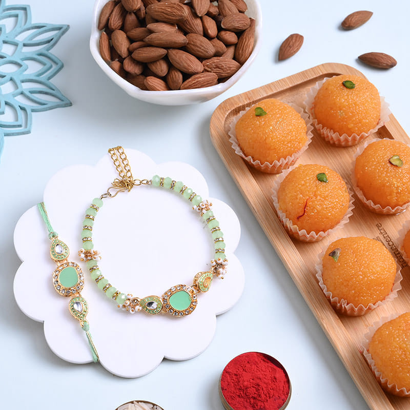 Mint Green Bhai Bhabhi Rakhis With Sweets N Nuts