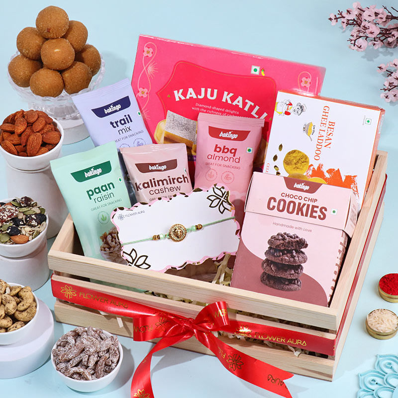 Mint Green Ganesha Rakhi With Sweet N Nutty Treats-UAE