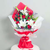 Miss Rosie N Lily Co - Bouquet of 13 Roses and Lilies in Red and White Paper Packing