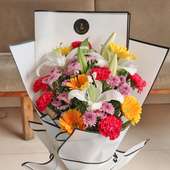 White Lilies, Red Carnationn, Yellow Gerberas, Pink Daisy (side)