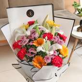 White Lilies, Red Carnationn, Yellow Gerberas, Pink Daisy (side)