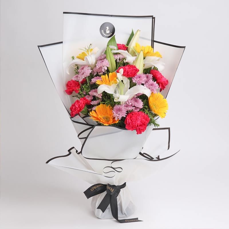 White Lilies, Red Carnationn, Yellow Gerberas, Pink Daisy (side)