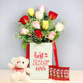 Mix Roses Choco Teddy Combo - Bunch of 10 Mixed Roses with Sister Flower Box and 5 Nestle Kitkats