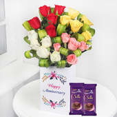 Mix Roses N Choco Anniversary Combo - Bunch of 20 Red Roses with Anniversary Flower Box and 2 Dairy Milk Silk